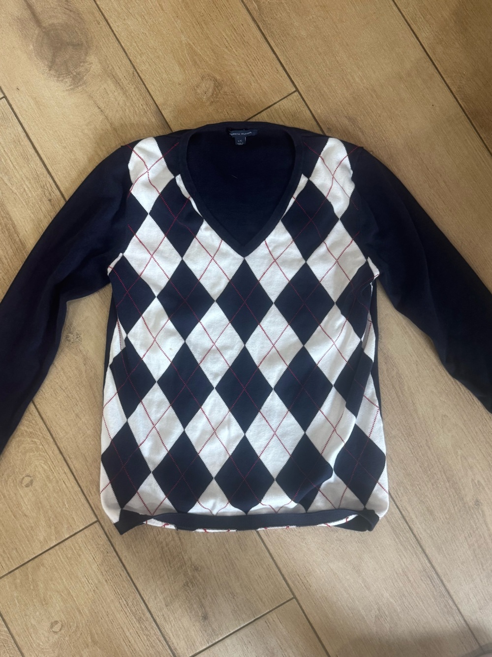 Tommy Hilfiger V-Neck Argyle Sweater - Navy and White Size Large